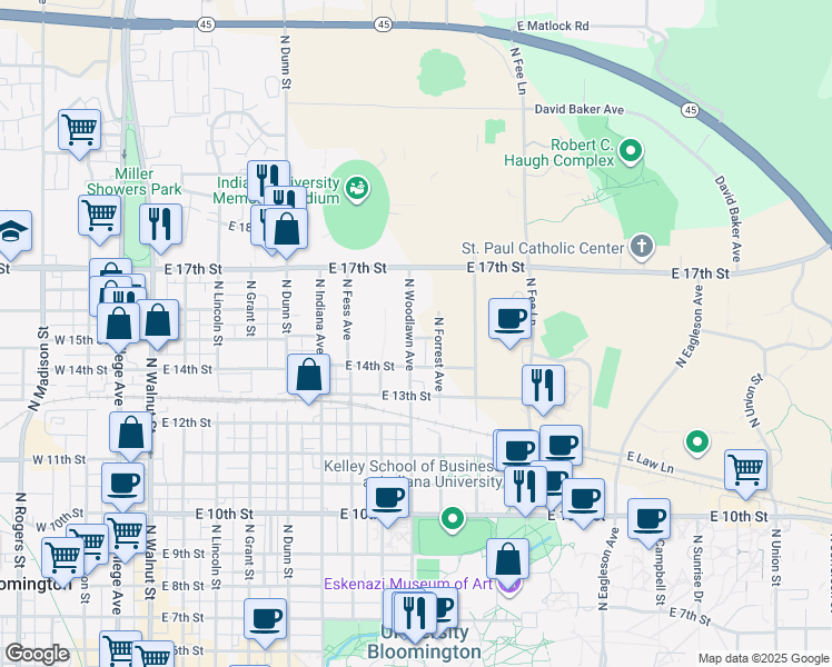 map of restaurants, bars, coffee shops, grocery stores, and more near 1200 North Woodlawn Avenue in Bloomington