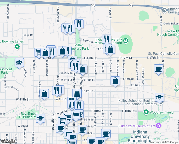 map of restaurants, bars, coffee shops, grocery stores, and more near 203 East 15th Street in Bloomington