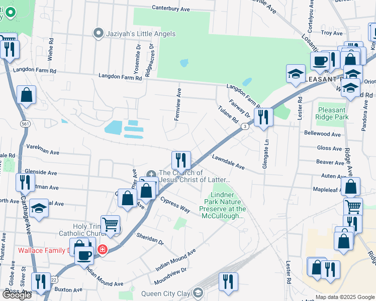 map of restaurants, bars, coffee shops, grocery stores, and more near 5601 Abbottsford Street in Cincinnati