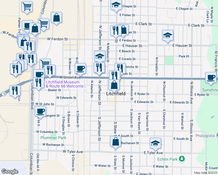 map of restaurants, bars, coffee shops, grocery stores, and more near 318 North Madison Street in Litchfield