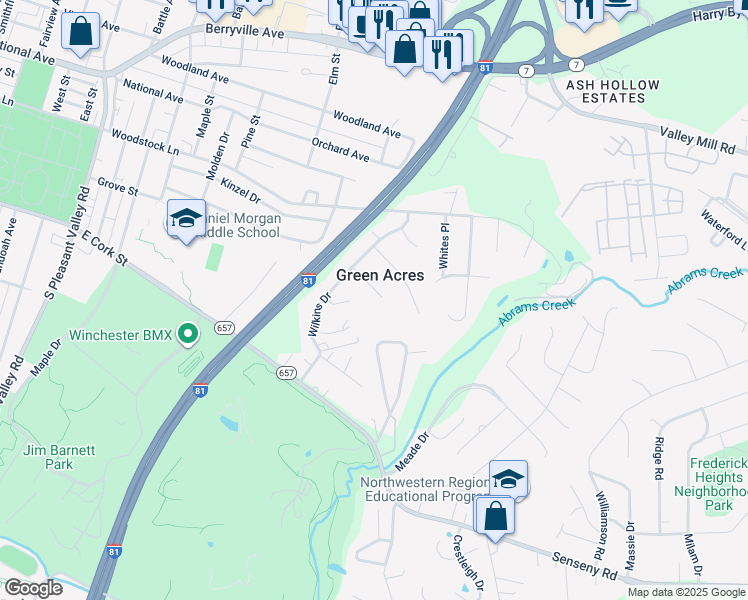 map of restaurants, bars, coffee shops, grocery stores, and more near 112 Wild Rose Circle in Winchester