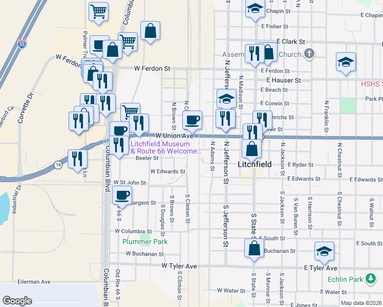 map of restaurants, bars, coffee shops, grocery stores, and more near 518 West Kirkham Street in Litchfield