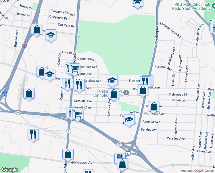 map of restaurants, bars, coffee shops, grocery stores, and more near 1430 Regent Avenue in Cincinnati
