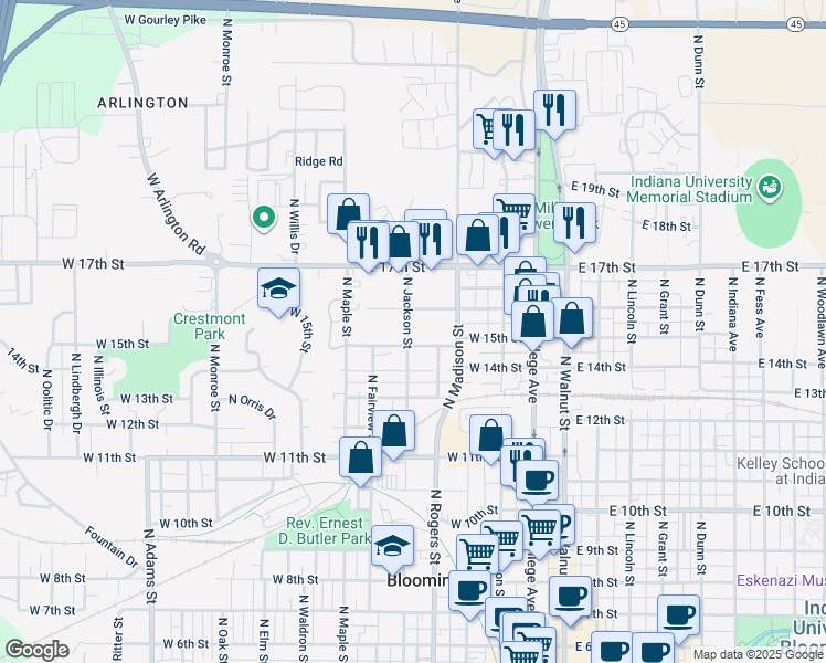 map of restaurants, bars, coffee shops, grocery stores, and more near 1014 North Jackson Street in Bloomington