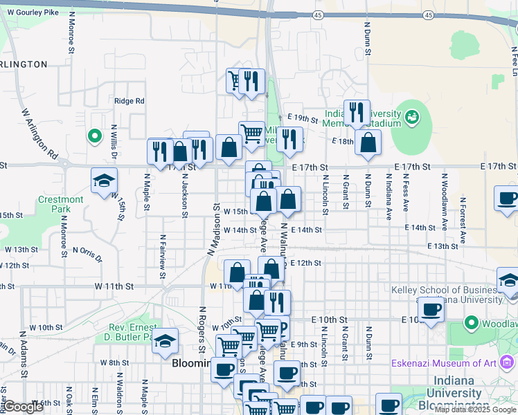 map of restaurants, bars, coffee shops, grocery stores, and more near 1101 North College Avenue in Bloomington