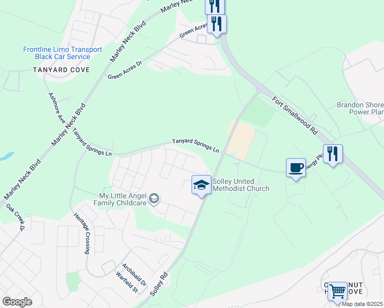 map of restaurants, bars, coffee shops, grocery stores, and more near 636 Bracey Drive in Glen Burnie