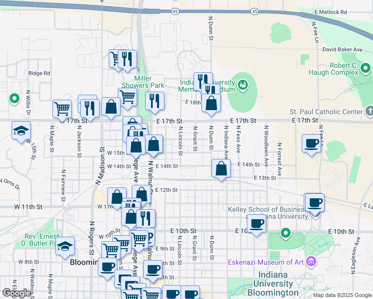 map of restaurants, bars, coffee shops, grocery stores, and more near 309 East 15th Street in Bloomington