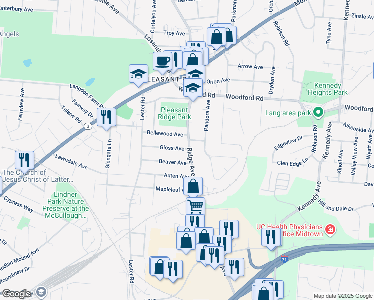map of restaurants, bars, coffee shops, grocery stores, and more near 5727 Ridge Avenue in Cincinnati