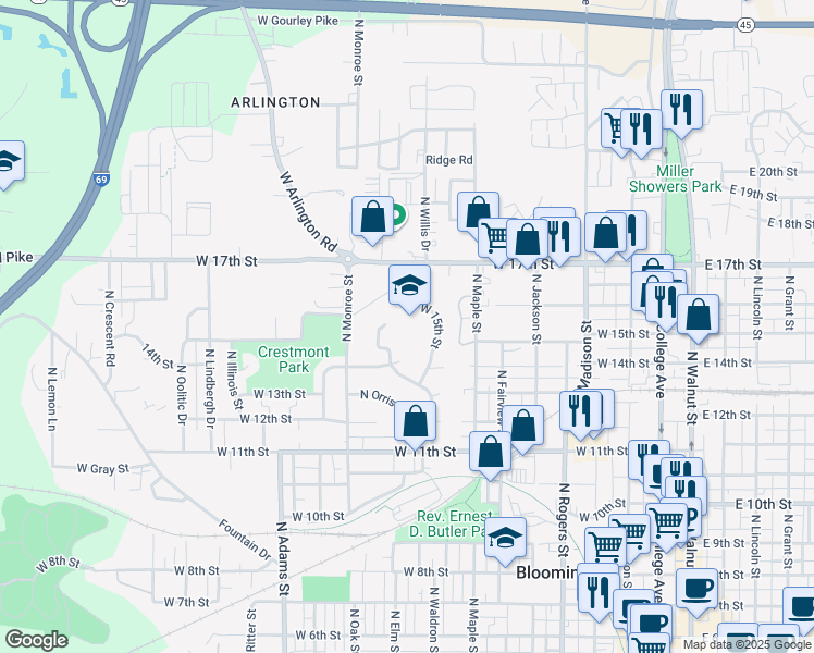 map of restaurants, bars, coffee shops, grocery stores, and more near 1000 West 15th Street in Bloomington
