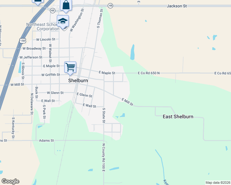 map of restaurants, bars, coffee shops, grocery stores, and more near 406 East Mill Street in Shelburn