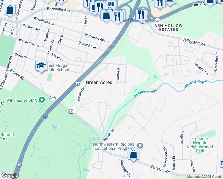 map of restaurants, bars, coffee shops, grocery stores, and more near 125 Cherry Hill Drive in Winchester