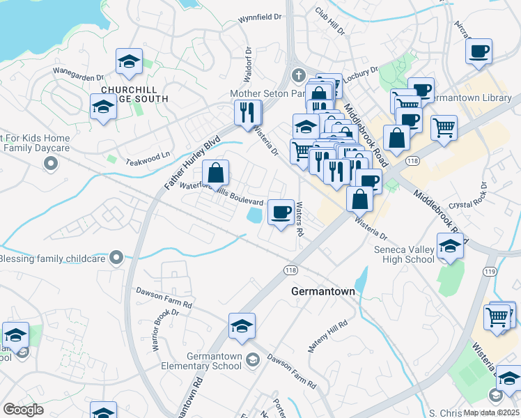map of restaurants, bars, coffee shops, grocery stores, and more near 13406 Waterford Hills Boulevard in Germantown