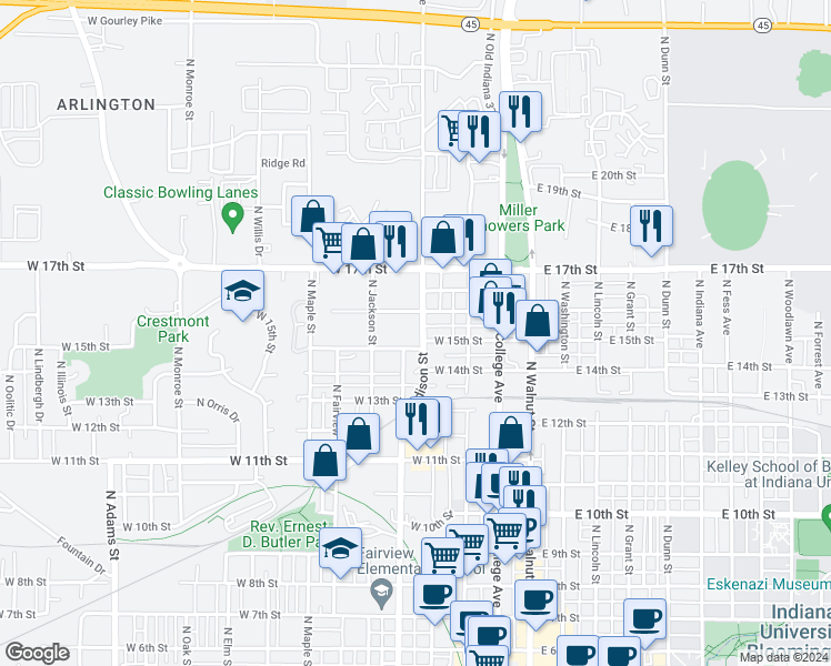 map of restaurants, bars, coffee shops, grocery stores, and more near 1113 North Madison Street in Bloomington