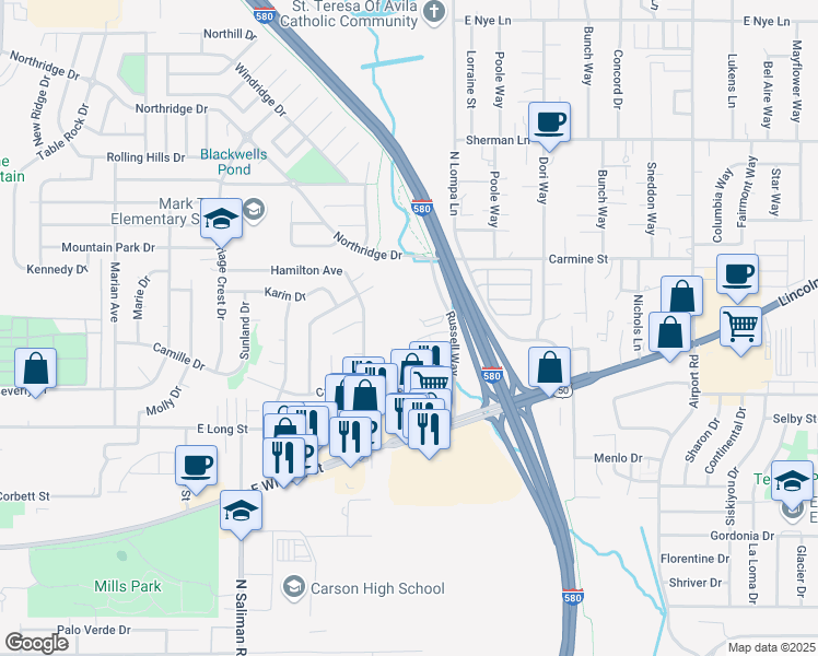 map of restaurants, bars, coffee shops, grocery stores, and more near 1820 Russell Way in Carson City