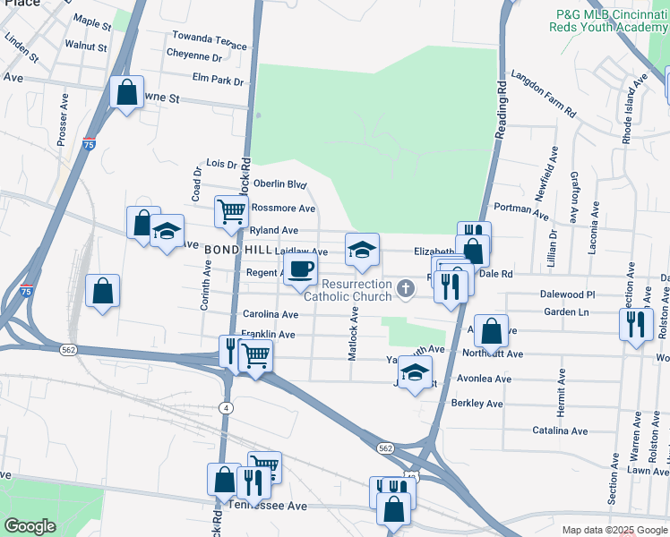 map of restaurants, bars, coffee shops, grocery stores, and more near 1430 Regent Avenue in Cincinnati