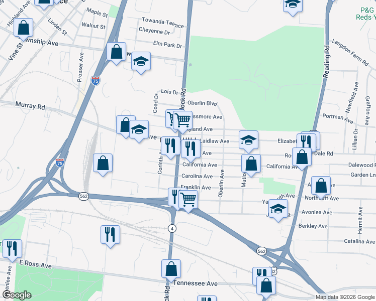 map of restaurants, bars, coffee shops, grocery stores, and more near 1216 Regent Avenue in Cincinnati
