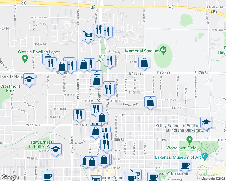 map of restaurants, bars, coffee shops, grocery stores, and more near 1092 North Walnut Street in Bloomington