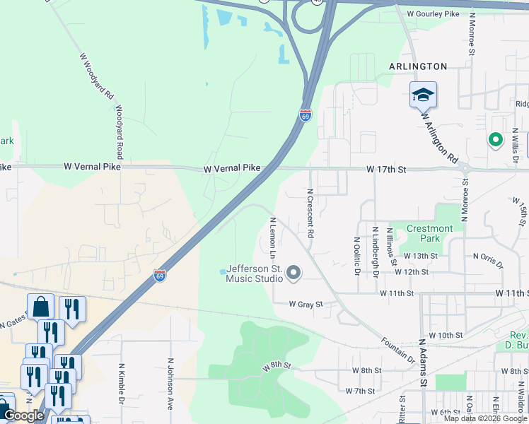 map of restaurants, bars, coffee shops, grocery stores, and more near 2401-2535 W Vernal Pike in Bloomington
