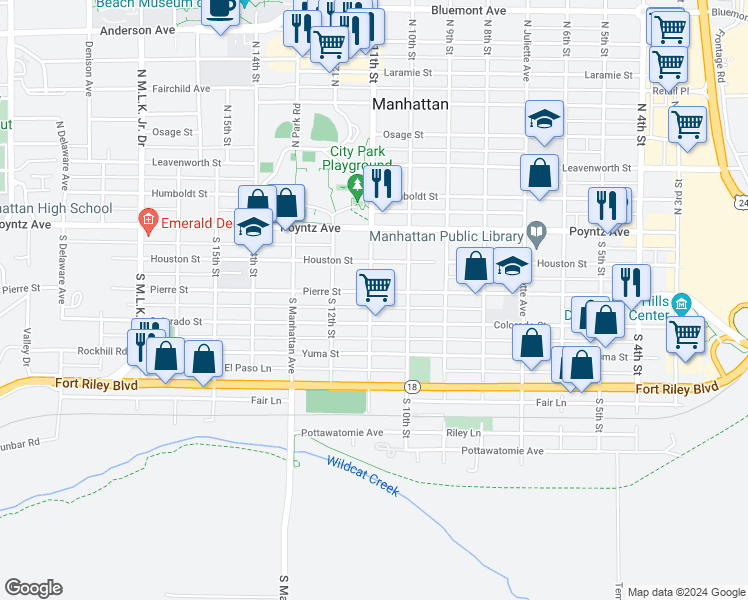 map of restaurants, bars, coffee shops, grocery stores, and more near 1027 Pierre Street in Manhattan