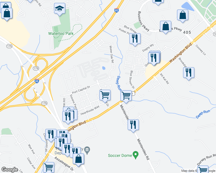 map of restaurants, bars, coffee shops, grocery stores, and more near 7131 Beverly Drive in Elkridge