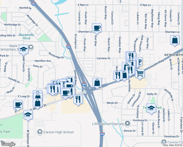 map of restaurants, bars, coffee shops, grocery stores, and more near 1720 Dori Way in Carson City