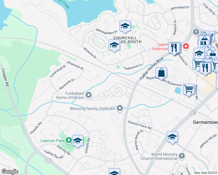 map of restaurants, bars, coffee shops, grocery stores, and more near 13839 Lullaby Road in Germantown