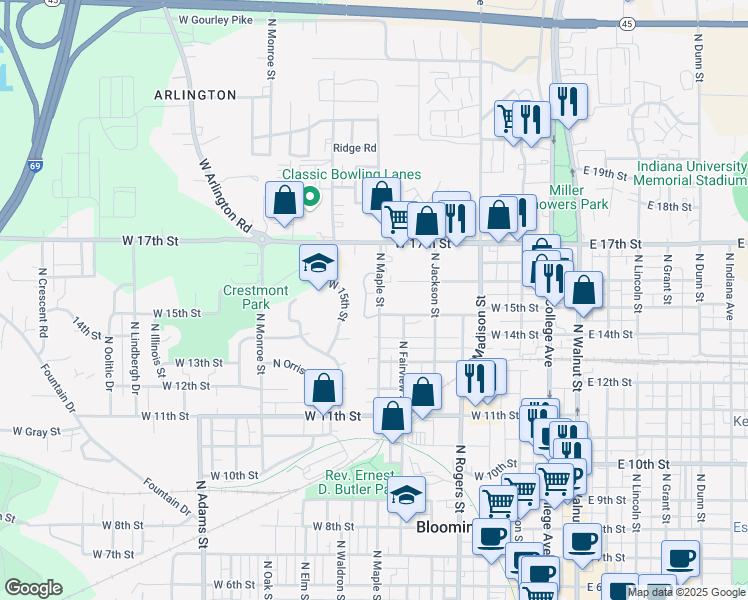 map of restaurants, bars, coffee shops, grocery stores, and more near 1221 North Maple Street in Bloomington