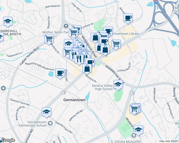 map of restaurants, bars, coffee shops, grocery stores, and more near 12825 Wisteria Drive in Germantown