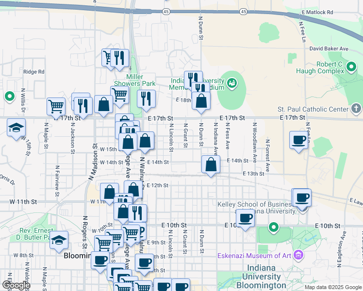map of restaurants, bars, coffee shops, grocery stores, and more near 309 East 15th Street in Bloomington
