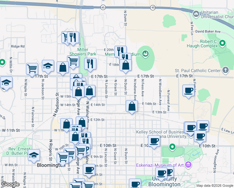 map of restaurants, bars, coffee shops, grocery stores, and more near 408 East 16th Street in Bloomington