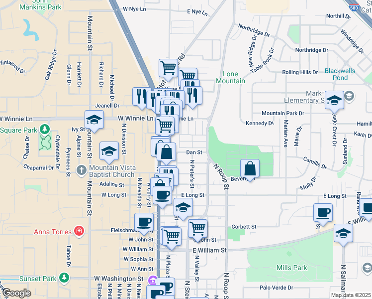 map of restaurants, bars, coffee shops, grocery stores, and more near 221 Dan Street in Carson City