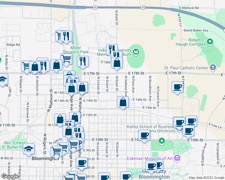 map of restaurants, bars, coffee shops, grocery stores, and more near 407 East 15th Street in Bloomington