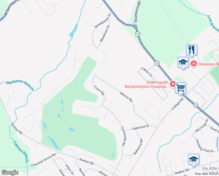 map of restaurants, bars, coffee shops, grocery stores, and more near 214 Merion Road in Dover
