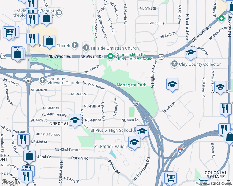 map of restaurants, bars, coffee shops, grocery stores, and more near 1230 Northeast 46th Terrace in Kansas City