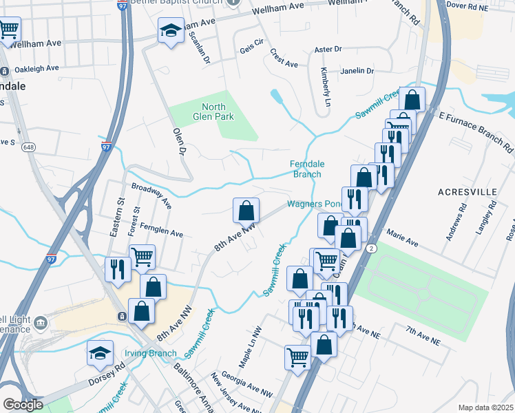 map of restaurants, bars, coffee shops, grocery stores, and more near 132 8th Avenue Northwest in Glen Burnie