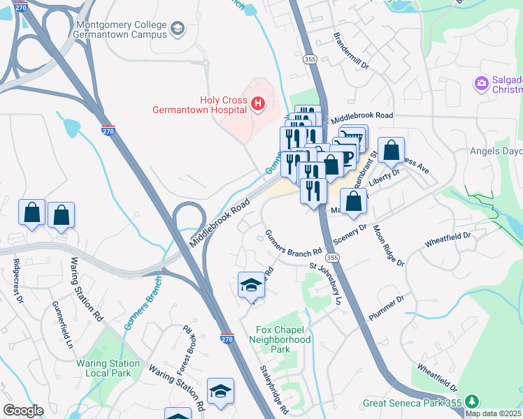 map of restaurants, bars, coffee shops, grocery stores, and more near 19609 Gunners Branch Road in Germantown