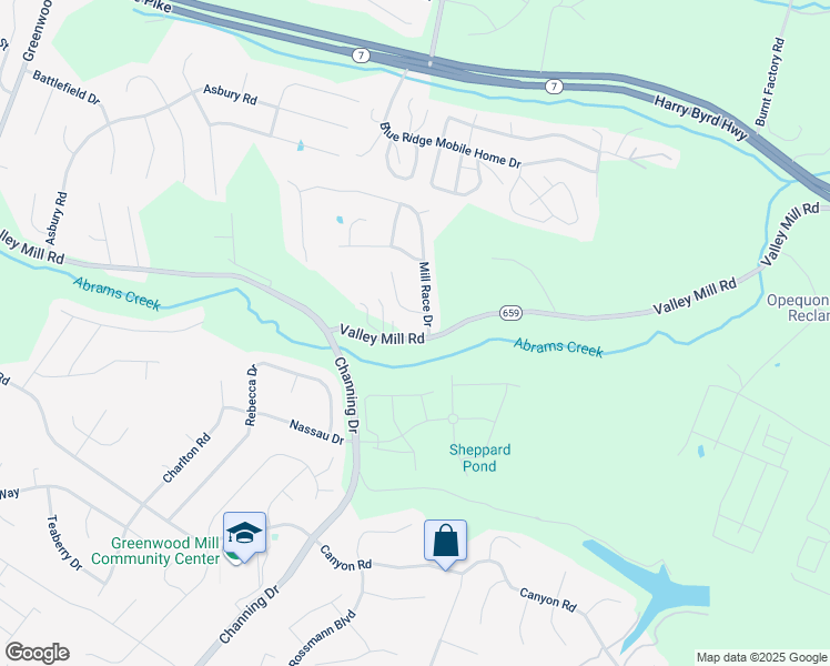 map of restaurants, bars, coffee shops, grocery stores, and more near 1127 Valley Mill Road in Winchester