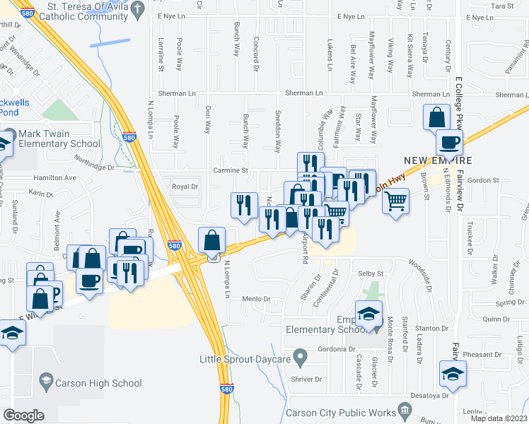 map of restaurants, bars, coffee shops, grocery stores, and more near 2898 U.S. 50 in Carson City