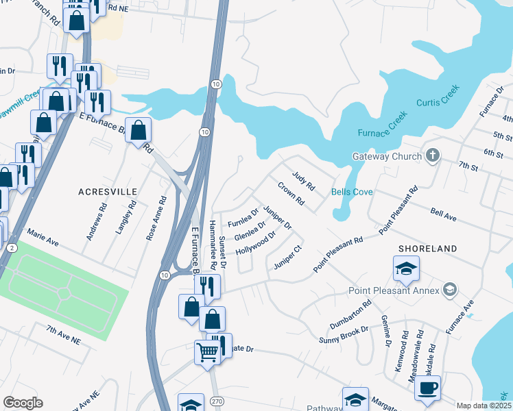 map of restaurants, bars, coffee shops, grocery stores, and more near 104 Juniper Drive in Glen Burnie
