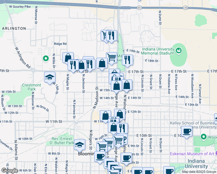 map of restaurants, bars, coffee shops, grocery stores, and more near 1101 North Woodburn Avenue in Bloomington