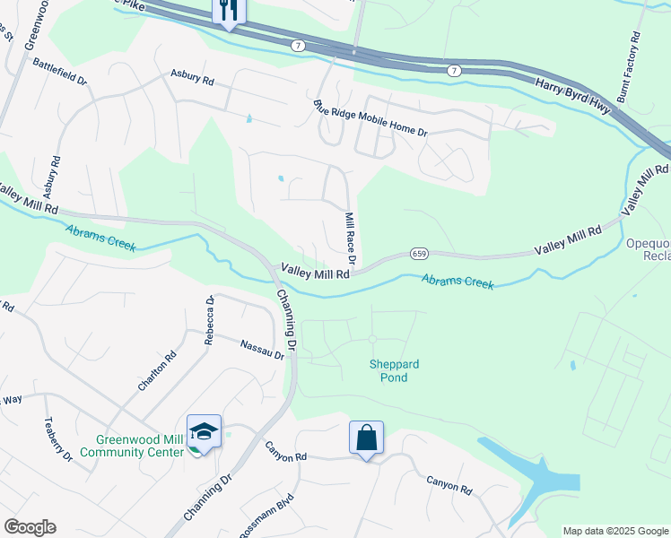 map of restaurants, bars, coffee shops, grocery stores, and more near 1133 Valley Mill Road in Winchester