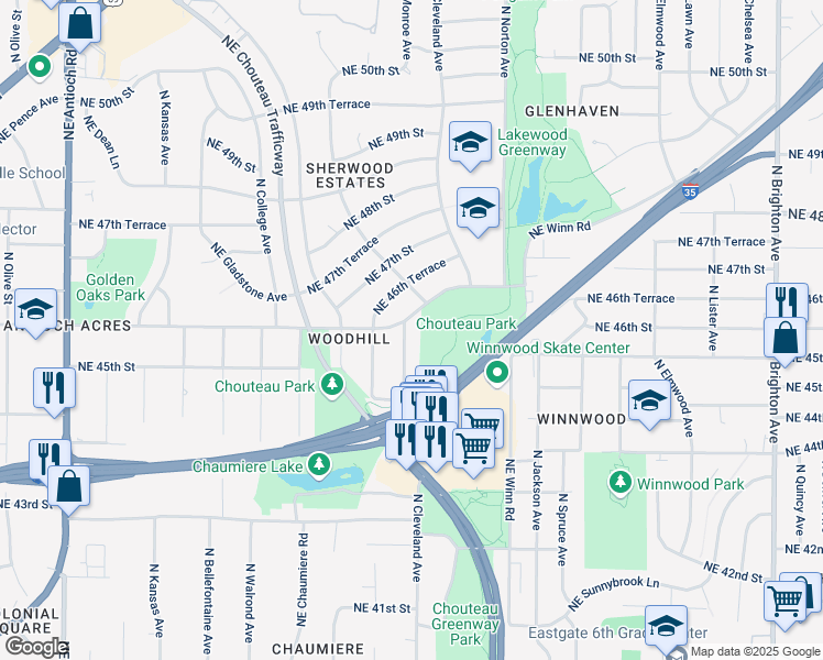 map of restaurants, bars, coffee shops, grocery stores, and more near 4531 North Monroe Avenue in Kansas City