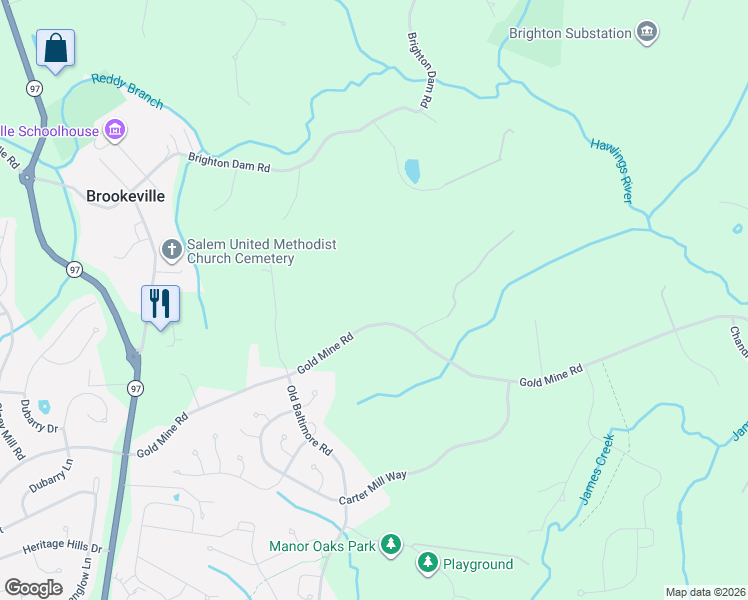 map of restaurants, bars, coffee shops, grocery stores, and more near 2221 Gold Mine Road in Brookeville