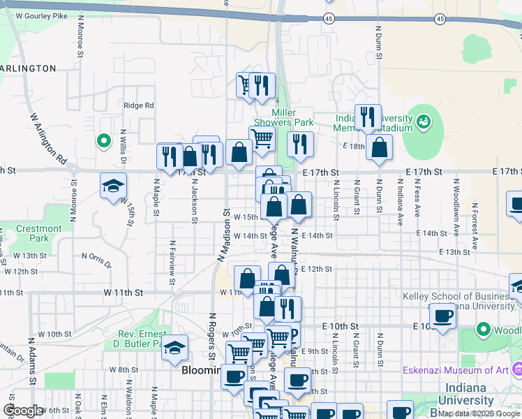 map of restaurants, bars, coffee shops, grocery stores, and more near 1101 North College Avenue in Bloomington
