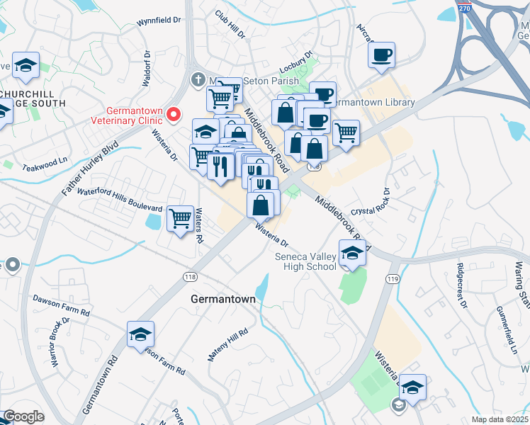 map of restaurants, bars, coffee shops, grocery stores, and more near 12851 Wisteria Drive in Germantown