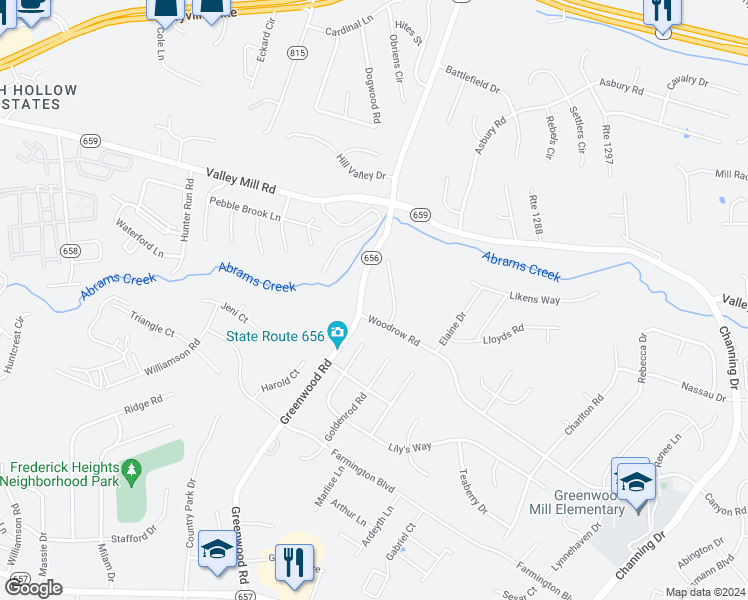 map of restaurants, bars, coffee shops, grocery stores, and more near 715 Emily Lane in Winchester