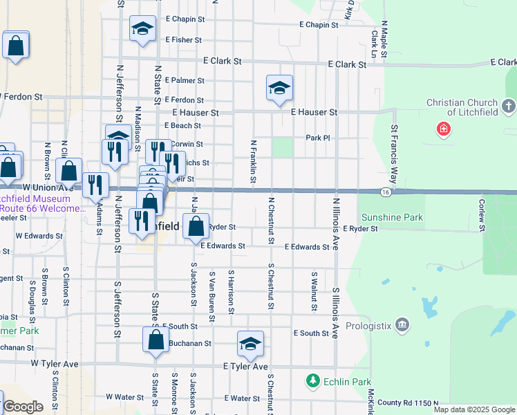 map of restaurants, bars, coffee shops, grocery stores, and more near 609 East Ryder Street in Litchfield