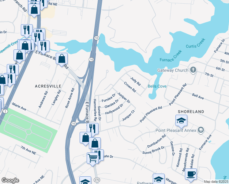 map of restaurants, bars, coffee shops, grocery stores, and more near 104 Juniper Drive in Glen Burnie