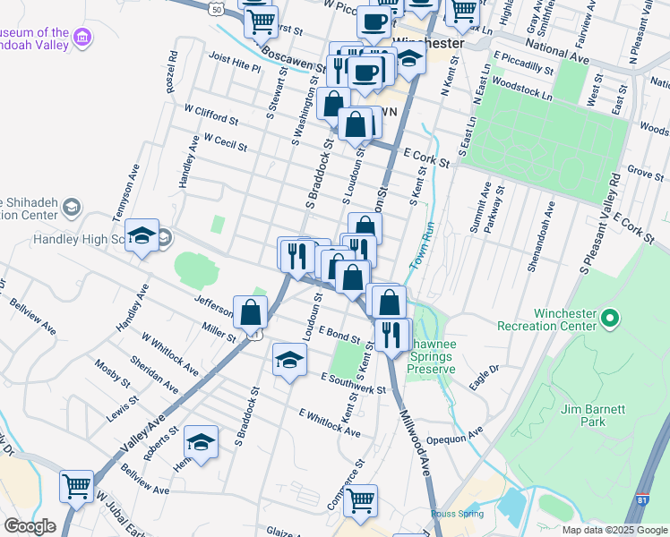 map of restaurants, bars, coffee shops, grocery stores, and more near 9 East Pall Mall Street in Winchester