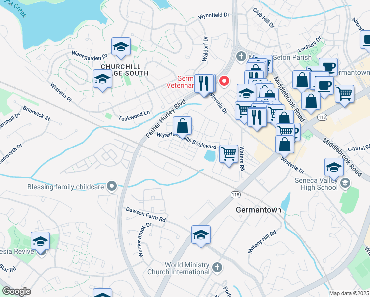 map of restaurants, bars, coffee shops, grocery stores, and more near 13501 Station Street in Germantown